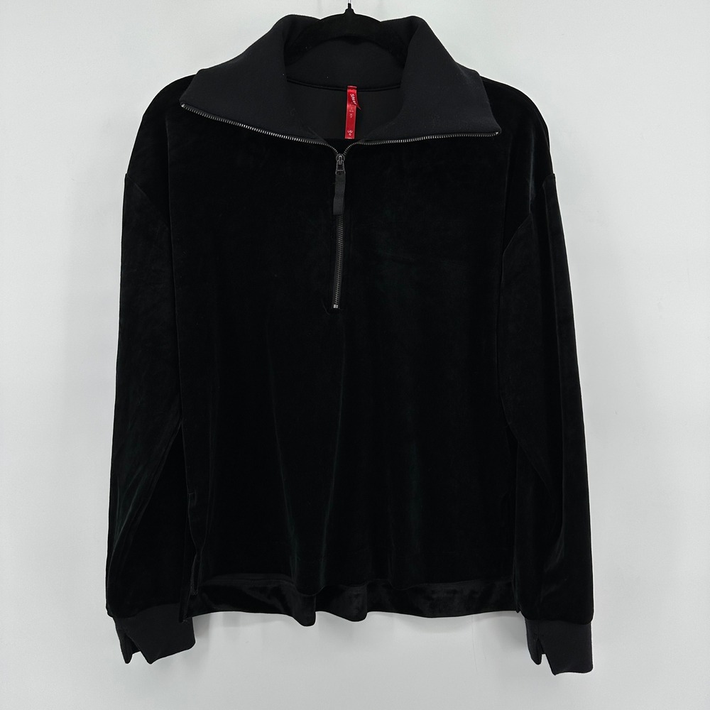Spanx Plush Soft Velvet Half-Zip Pullover Very Black Sweatshirt Size Lg 20395R - Picture 2 of 9
